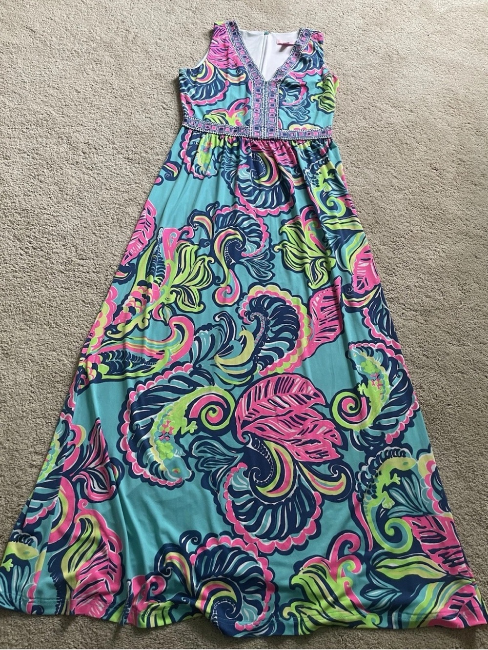 Lilly Pulitzer Addison Aqua Maxi Dress with Pink, Navy & Lime Swirl Print Sz Sm